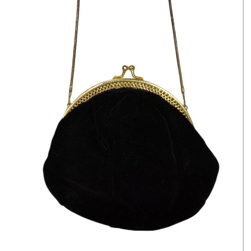 Vintage 90s Black Velvet Kiss Lock Gold Snake Chain Cocktail Party Purse